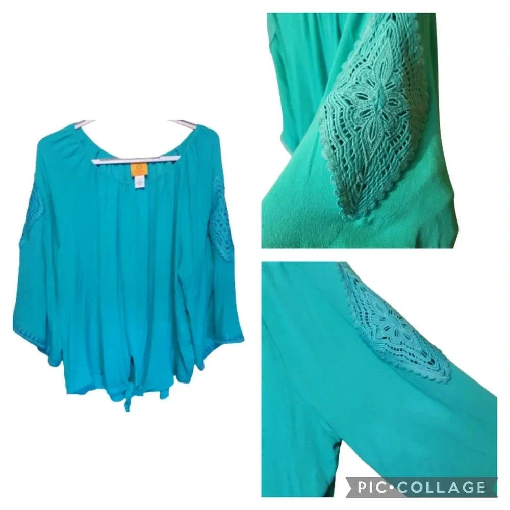 Ruby Rd. Teal blouse with crochet  arm decor